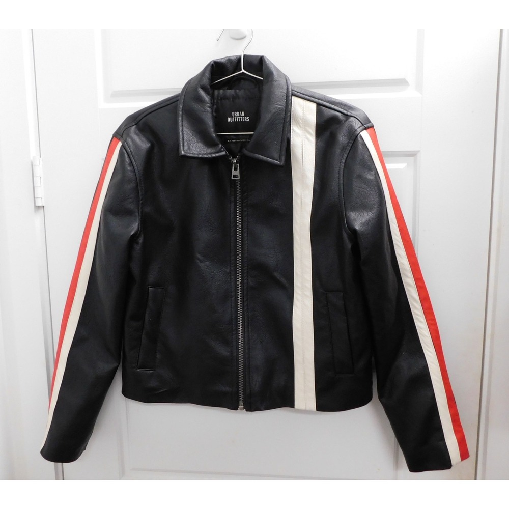 Urban Outfitters Uo Lowson Faux Leather Moto‎ Jacket Stiped Full Zip sz S